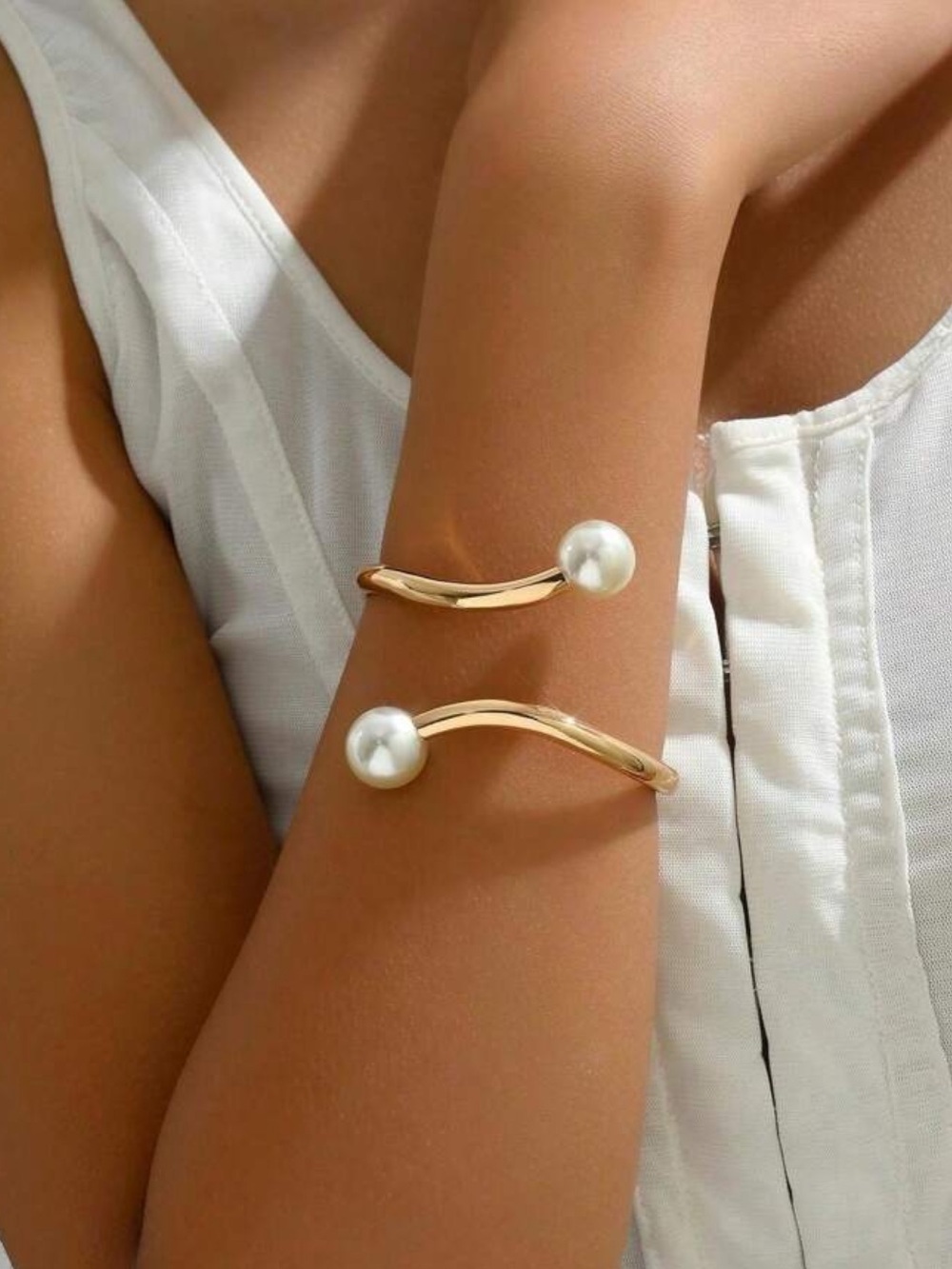 Gold Double Pearl Open Cuff Bracelet